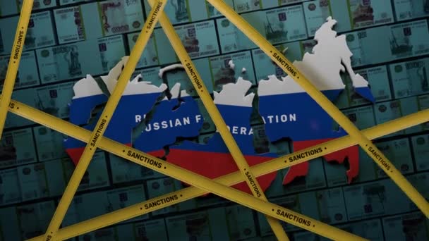 3D render concept of finance global sanctions against the Russian oligarchs gas and oil embargo. Visualization of the map of Russia and its disintegration into pieces. Yellow tape with inscription. - Video