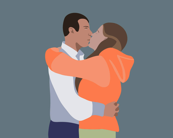 Vector isolated illustration of a kissing couple. Revealing a relationship with a kiss. A guy and a girl in love. - Vektor, Bild