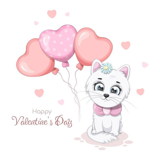 Romantic card Happy Valentine's Day with a cute kitten - Vector, afbeelding