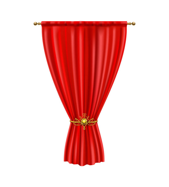 Realistic luxury red silk curtain tied with elegant golden metal tieback vector illustration - Vektör, Görsel