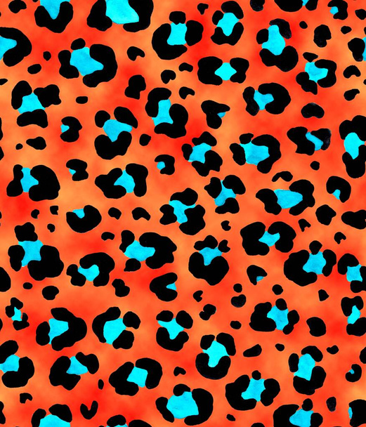 Motif léopard aquarelle, bleu et orange, fait main, peau d'animal, sans couture - Photo, image