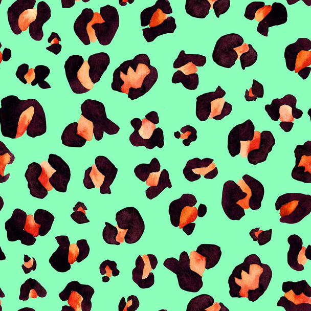 Watercolor leopard pattern, green and orange, hand made, animal skin, seamless - Foto, Imagem
