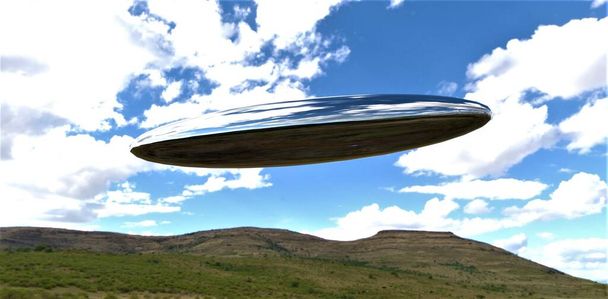 Katkaisu UFO lentää taivaalla yläpuolella mäkinen maisema. Sopiva kuva tieteellisiin aikakauslehtiin. 3d-renderointi. - Valokuva, kuva