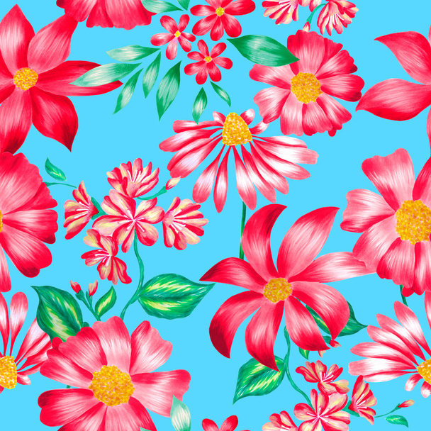 Watercolor flowers pattern, red tropical elements, green leaves, blue background, seamless - Φωτογραφία, εικόνα