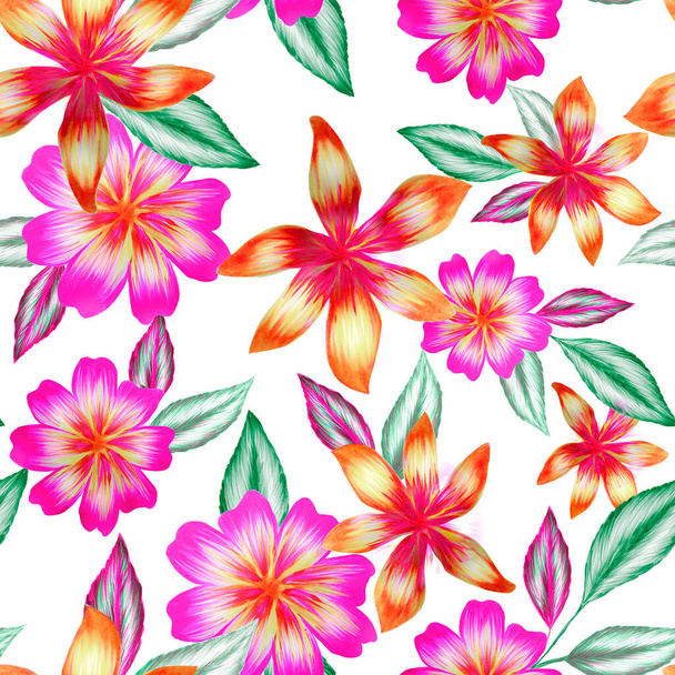 Watercolor flowers pattern, pink tropical elements, green leaves, white background, seamless - Zdjęcie, obraz