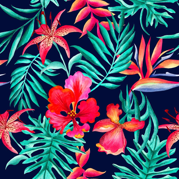 Watercolor flowers pattern, red tropical elements, green leaves, black background, seamless - Valokuva, kuva