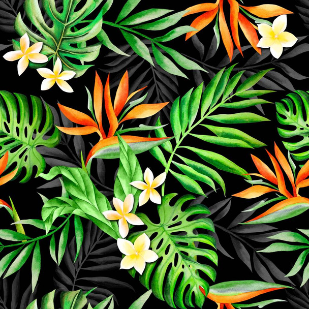 Watercolor leaves pattern, green foliage, orange tropical flowers, black background, seamless - Fotó, kép