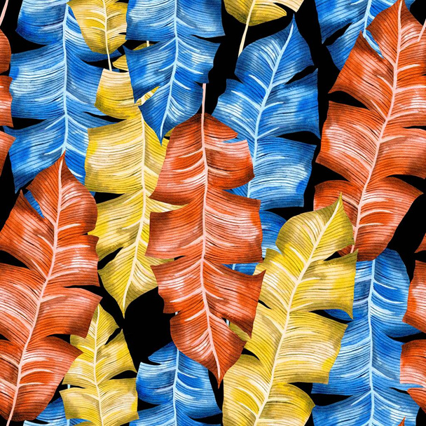 Watercolor leaves pattern, blue, orange and yellow foliage, banana leaf, black background, seamless - Zdjęcie, obraz