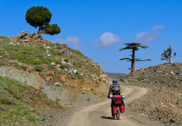 Ciclista montando na serpentina de montanha na Turquia
 - Foto, Imagem