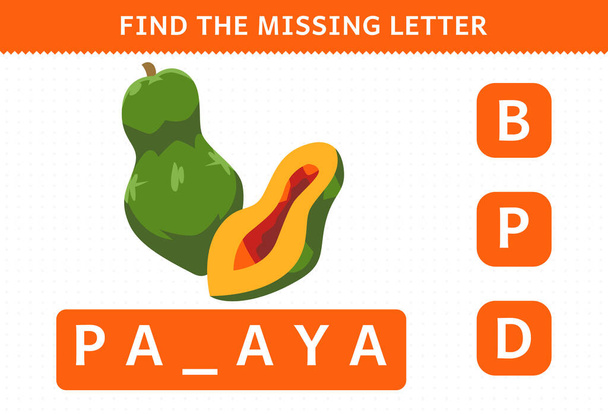 Education game for children find missing letter cute cartoon fruit papaya worksheet - Διάνυσμα, εικόνα