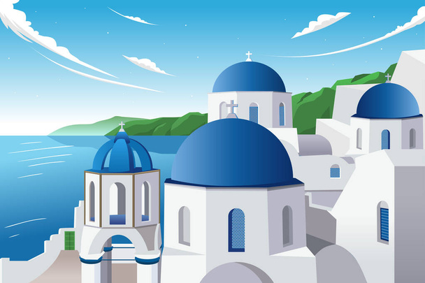 Santorini Greece Travel Vector Illustration. Tour and Travel Graphic design for banners and flyer template - Wektor, obraz