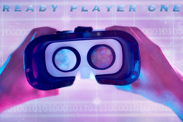 3d, virtual reality headset and hands of man ready to explore cyber world. Binary metaverse, futuristic neon or pov of male player holding technology for vr exploration and gaming glasses for esports. - Fotoğraf, Görsel
