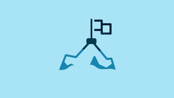 青色の背景に隔離された上のアイコンにフラグを持つ青い山。勝利や成功の概念の象徴。目標達成。4Kビデオモーショングラフィックアニメーション. - 映像、動画