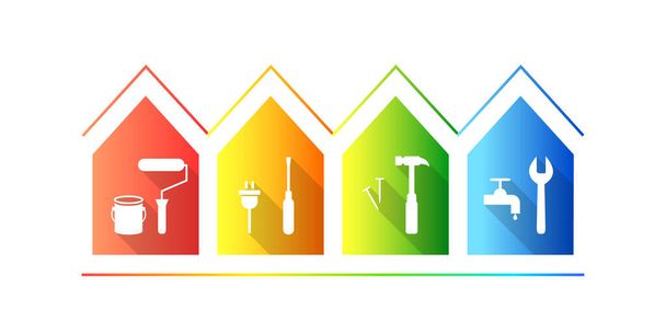 Repair, renovation, maintenance or facility management concept with house and work tools. Icon set: paint roller, screwdriver, hammer, wrench tool icons. Home in red, yellow, green and blue colors. - Vector, Image
