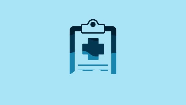 Блакитна медична дошка з клінічною іконою, ізольованою на синьому фоні. Рецепт, рапорт медичних перевірок. 4K Відеографічна анімація. - Кадри, відео