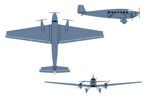 Silhouette of German Military Transport Aircraft, Airliner (1932). Top, Side, Front View. Vintage airplane. Vector clipart isolated on white. - Διάνυσμα, εικόνα