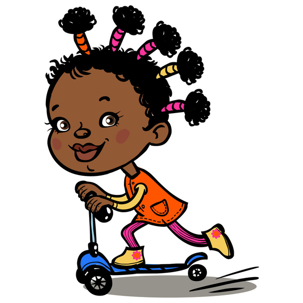 Grappige vector cartoon zwarte meisje op scooter. vectorillustratie - Vector, afbeelding