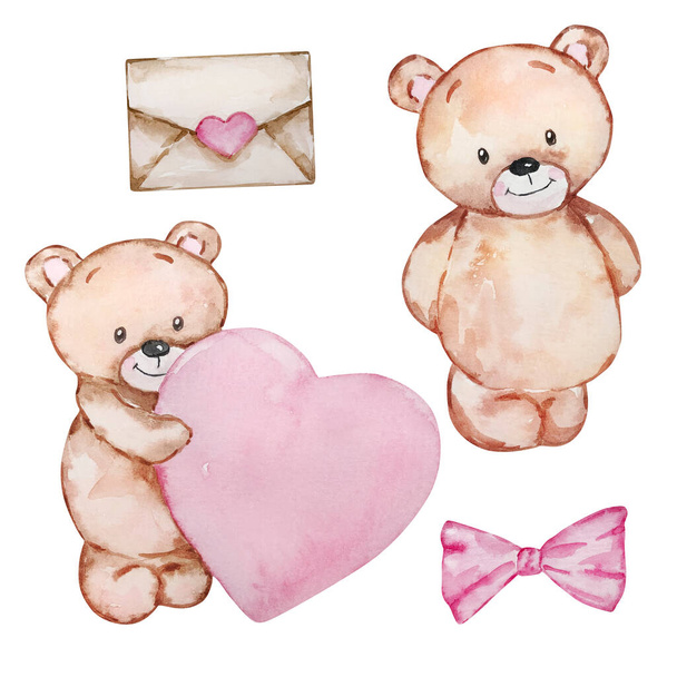 Watercolor Cute Teddy Bears Valentine's Day for holiday design - Photo, image
