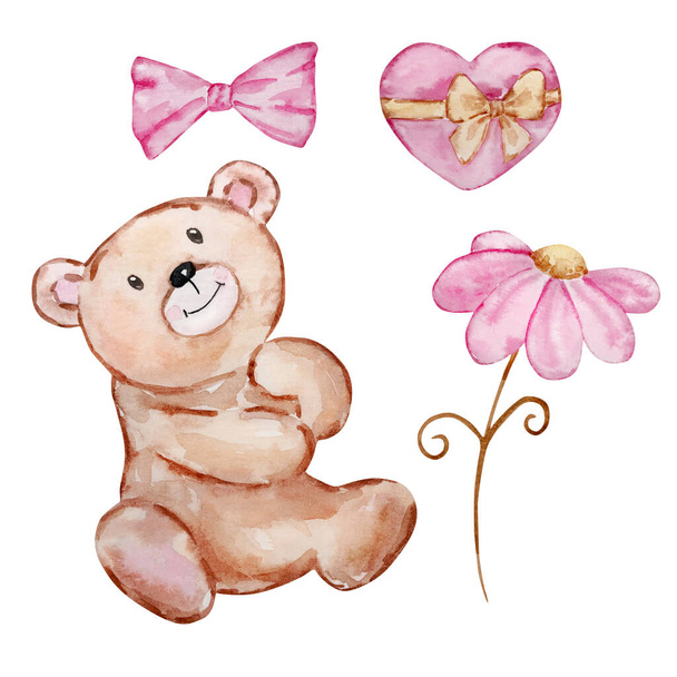 Watercolor Cute Teddy Bears Valentine's Day for holiday design - Zdjęcie, obraz