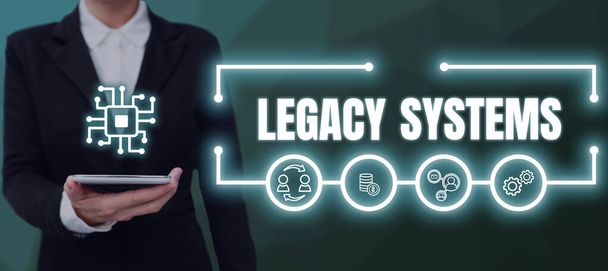 Σήμα κειμένου που δείχνει Legacy Systems, Internet Concept παλιό σύστημα υπολογιστών τεχνολογίας μέθοδο ή πρόγραμμα εφαρμογής - Φωτογραφία, εικόνα