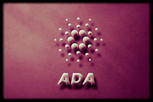 Кардано АДА Криптовалюта 3D логотип монети і символ прапора фону. - Фото, зображення