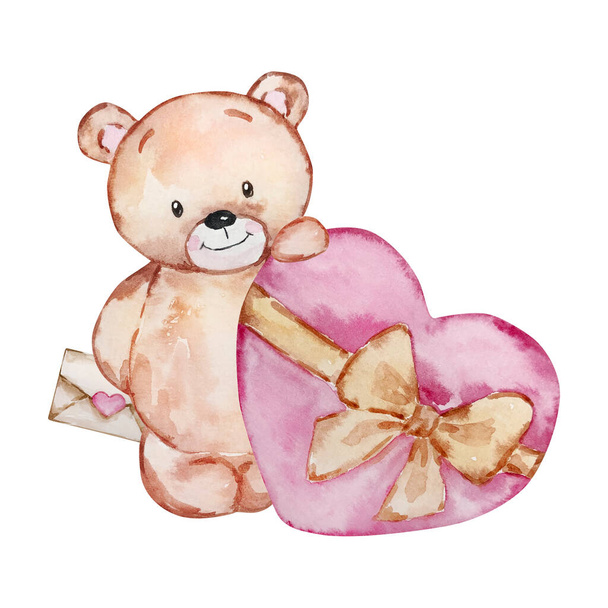 Watercolor illustration of Teddy Bear with heart, Valentine's Day, for holiday design - Fotó, kép