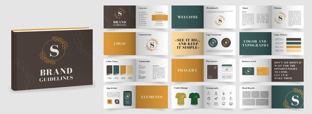 Multi-purpose Brand Guidelines template. Brand Manual presentation mockup. Orange and Brown Logo Guideline template. Logo Guide Book layout. Logotype presentation for beauty company. - Vector, afbeelding