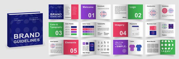 Brand Guidelines template. Multicolored Logo Guideline template. Multi-purpose Brand Manual presentation mockup. Logo Guide Book layout. Logotype presentation for internet company. - Vector, imagen