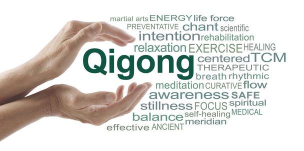 Words Associated with QiGong Word Cloud - female hands cupped around the word QIGONG surrounded by relevant words isolated on a white background - Zdjęcie, obraz
