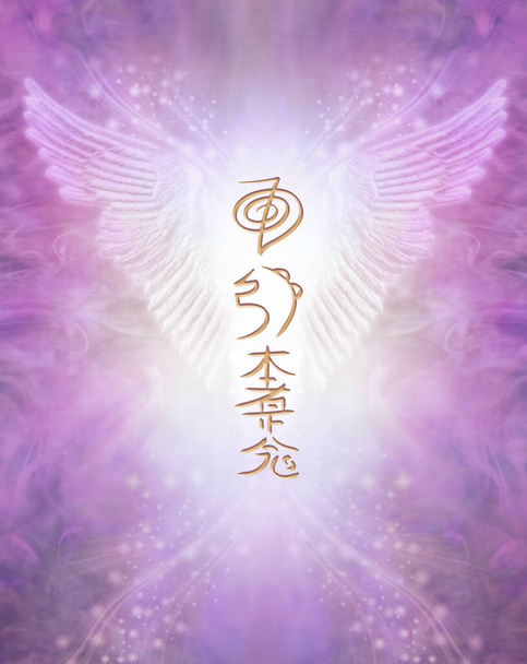 Angel Wings and Golden Reiki Symbols -  A pair of perky Angel wings with the three main Reiki Symbols  between on a flowing sparkling ethereal purple pink energy background - Photo, Image
