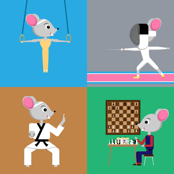 a set of sports illustrations depicting mice practicing fencing, chess, gymnastics and martial arts - Διάνυσμα, εικόνα