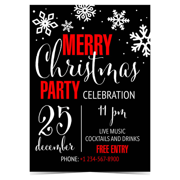 Merry Christmas party poster, banner or invitation postcard. Vector illustration for Christmas celebration party on December 25 with white snowflakes and red text on black background. Ready to print. - Vector, imagen