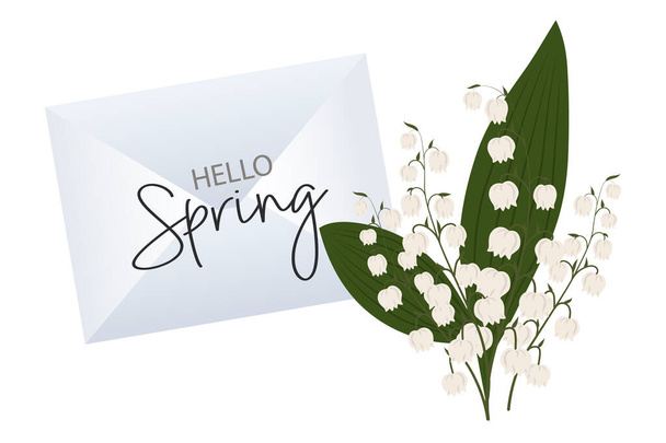 A bouquet of lilies of the valley and an envelope with the text Hello spring. Congratulations banner, postcard, poster, vector - Διάνυσμα, εικόνα
