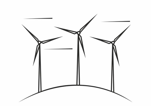 Wind power plant on the hill, ecological energy,environment, line art, vector black icon - Vektor, obrázek