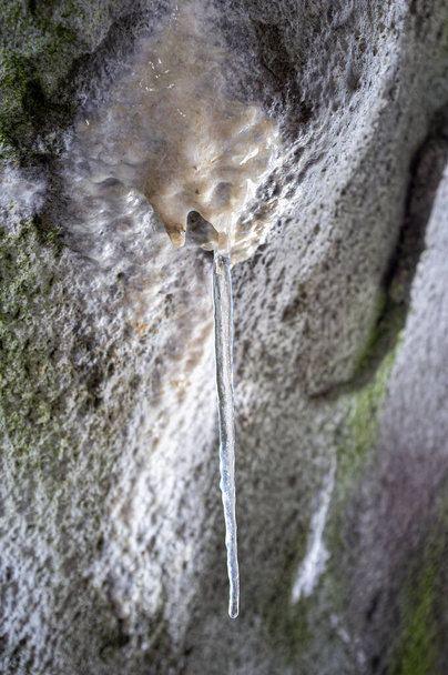 Крижані сталактити перед входом у печеру на гірському стежці взимку.. - Фото, зображення