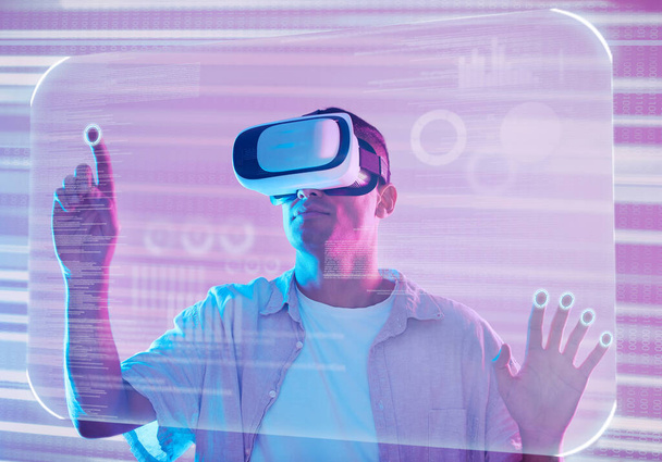 Data, vr futuristic and man in metaverse exploring a cyber world. Digital transformation, 3d virtual reality and male touching or pressing ux button, information or ai, dashboard or software app - Foto, Bild