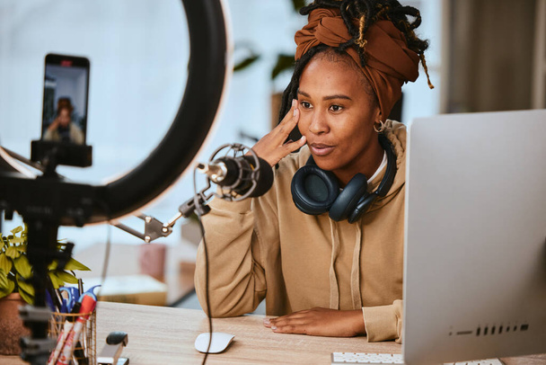 Communication, phone and presenter streaming podcast, radio talk show or speaker talking about teen culture. Online broadcast microphone, black woman and gen z influencer speaking about student news. - Foto, imagen