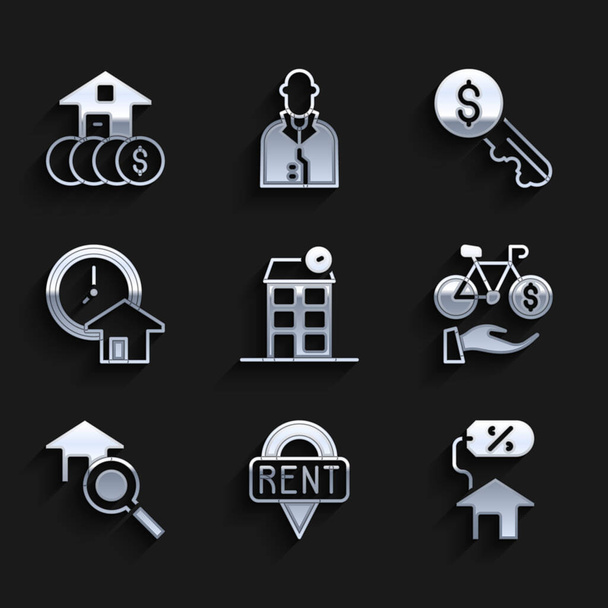 Set House Location key with percant Bicycle rental mobile app Search house Time is money Rent and dollar icon. Vector. - Vektor, kép