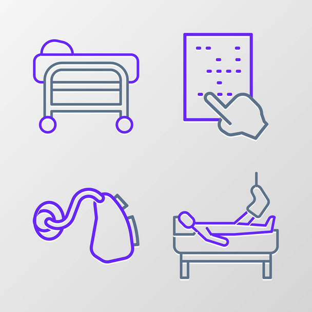 Set line Patient with broken leg Hearing aid Braille and Stretcher icon. Vector. - Vektor, kép