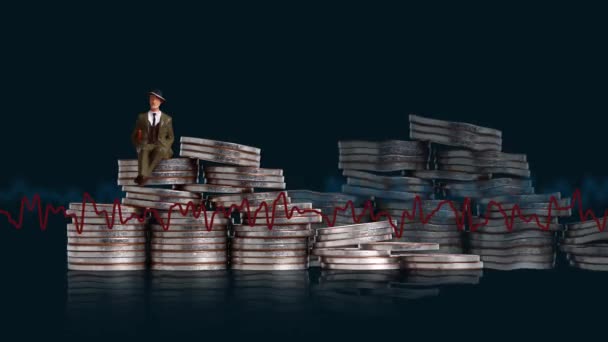 Miniature people sitting on piles of coins. Business concept with piles of coins and graphs. - Felvétel, videó