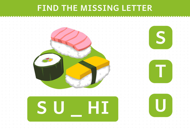 Education game for children find missing letter cartoon food sushi worksheet - Διάνυσμα, εικόνα