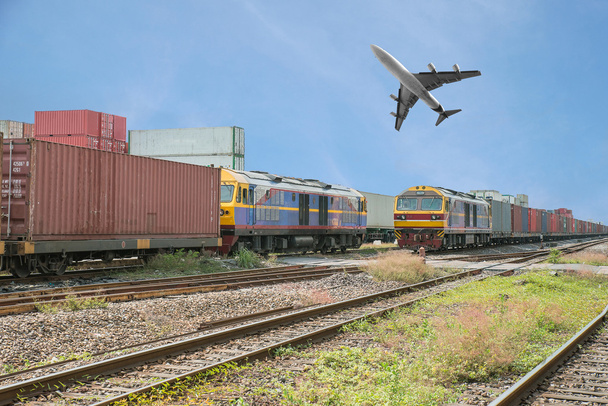 Freight trains in dock with airplane for logistics background - Photo, Image