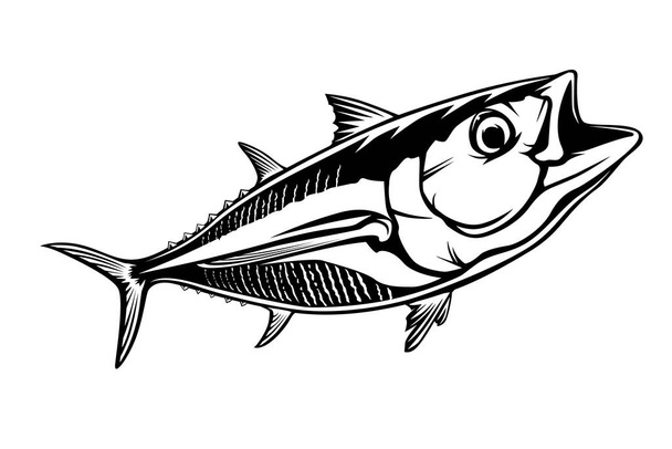 Nagy tonhalhalászat fehér logó ábrán. Vektoros illusztráció is felhasználható, logó és embléma létrehozása fishing klubok, nyomtatványok, webes és egyéb kézműves. - Vektor, kép