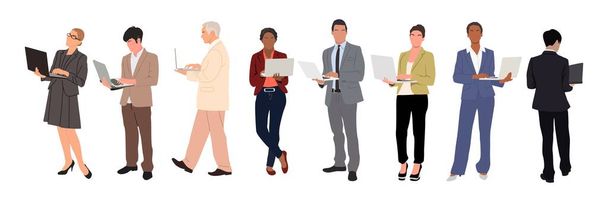 Set of business people standing with laptop. Modern men and women different ages, races, body types working on computer. Internet technology concept. Vector illustrations isolated on white background. - Vektör, Görsel