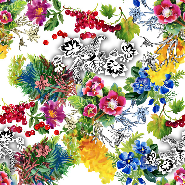 Pheasants with flowers colorful pattern - Zdjęcie, obraz