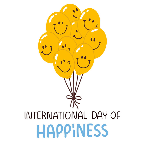 Векторний плакат, банер, дизайн друку або листівка для Міжнародного дня щастя з милими ілюстрованими посмішками обличчя на повітряних кулях..  - Вектор, зображення