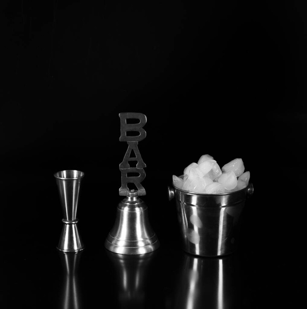 bar accessories for drinks isolated on black background - Foto, Imagem