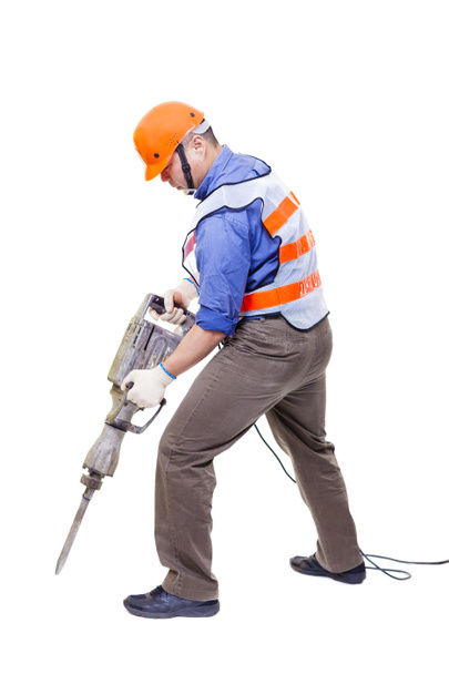  работник с пневматическим молотком сверла оборудования изолированы на белом
 - Фото, изображение