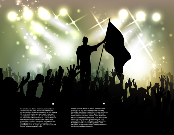 Person with a flag among active public against searchlights - Vector, Image