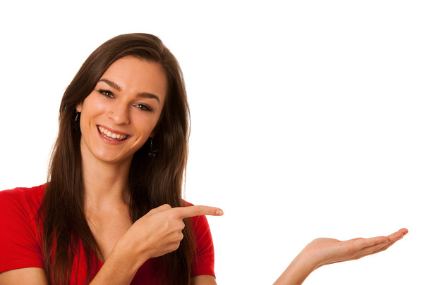 young business woman pointing to copy space, showing a product i - Фото, зображення